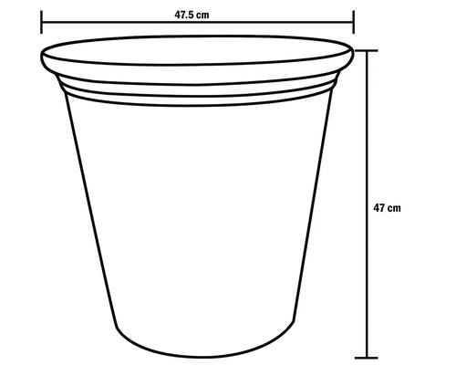 Schiță a unui ghiveci de flori cu dimensiunile de 47,5 cm lățime și 47 cm înălțime.