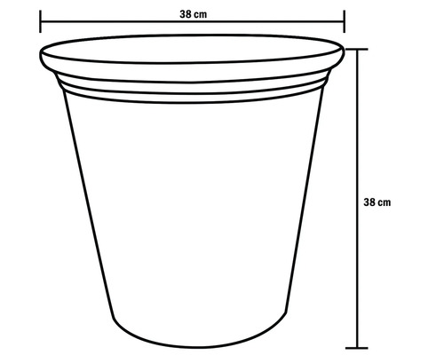 Ilustrație a unui ghiveci de flori cu dimensiunile de 38 centimetri înălțime și 38 centimetri în diametru.