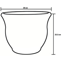 Schiță a unui ghiveci de flori cu dimensiunile de 30 cm lățime și 25,5 cm înălțime