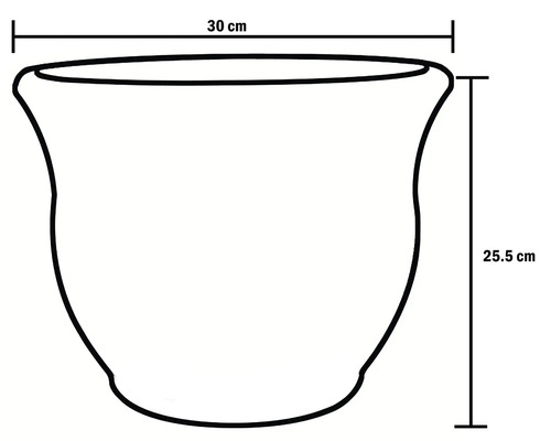 Schiță a unui ghiveci de flori cu dimensiunile de 30 cm lățime și 25,5 cm înălțime