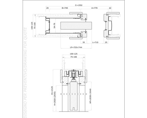 Desen tehnic al unui produs de construcție cu indicații de dimensiuni.