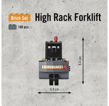 Set de construcție stivuitor pentru rafturi înalte cu 109 piese și o dimensiune de 8,4 x 6,4 centimetri