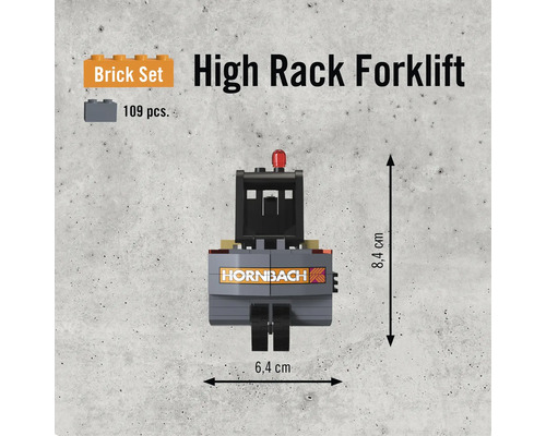 Set de construcție stivuitor pentru rafturi înalte cu 109 piese și o dimensiune de 8,4 x 6,4 centimetri