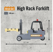 Set de construcție stivuitor cu rafturi înalte cu 109 piese și sigla Hornbach.