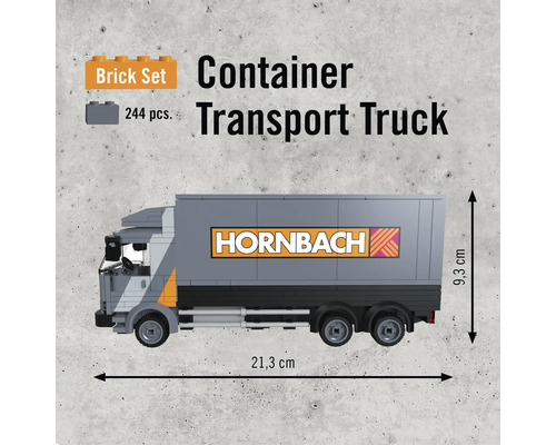 Set de construcție camion de transport containere cu logo-ul Hornbach și dimensiuni