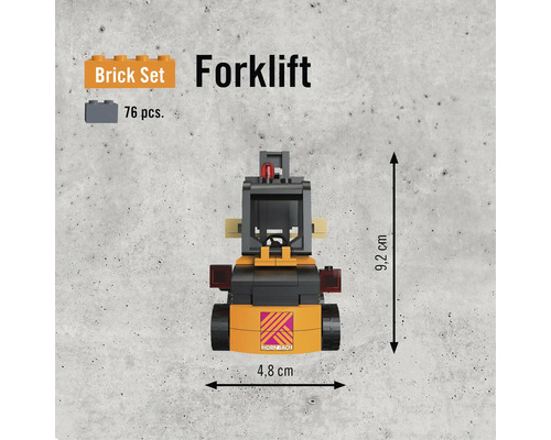 Set de construcție stivuitor cu 76 de piese și dimensiunile de 9,2 cm înălțime și 4,8 cm lățime
