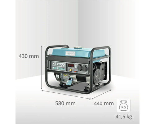 Generator pe benzină Konner und Söhnen KS 2900 cu dimensiunile 430 mm înălțime, 580 mm lungime și 440 mm lățime, greutate 41,5 kg