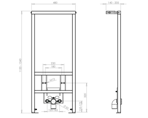 Schema unei instalații premontate cu dimensiuni.