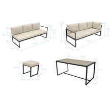 Set de mobilier de grădină cu canapea, masă și taburet cu dimensiuni