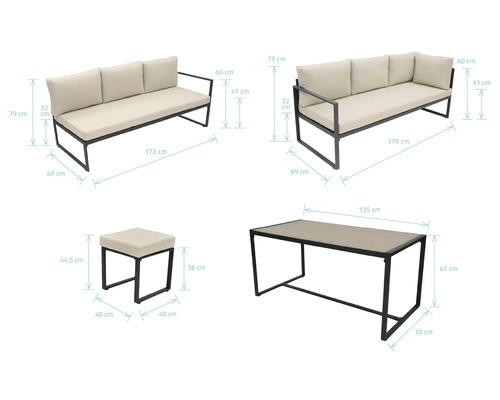 Set de mobilier de grădină cu canapea, masă și taburet cu dimensiuni