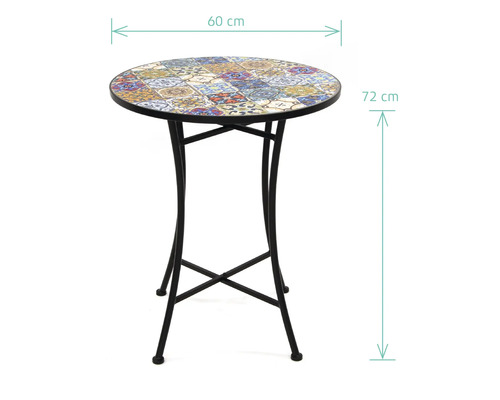 Măsuță de bistro rotundă cu blat de mozaic și cadru metalic, diametru de 60 cm și înălțime de 72 cm