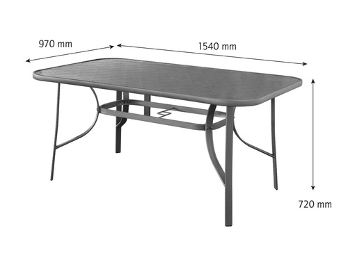 Masa de grădină cu blat de sticlă, lungime 1540 mm, lățime 970 mm și înălțime 720 mm