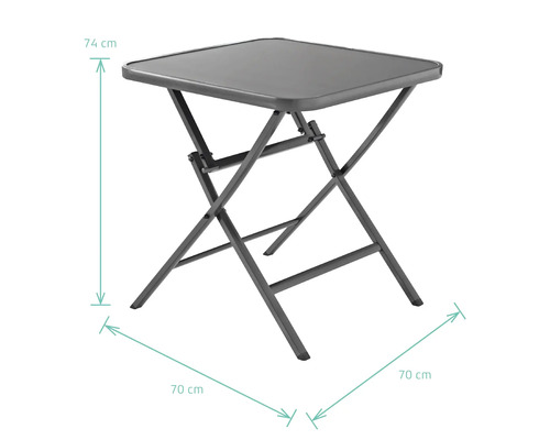 Masă pliabilă pătrată cu dimensiunile de 74 pe 70 centimetri.