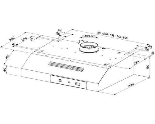 Desen tehnic al unei hote de aragaz cu dimensiuni