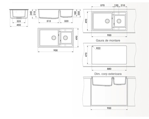 Desen tehnic al unei chiuvete cu dimensiuni
