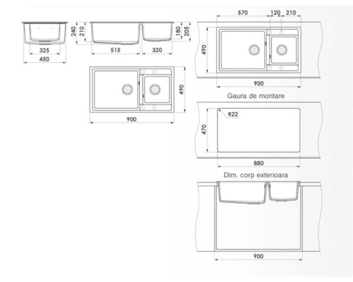 Desen tehnic cu chiuvetă cu dimensiunile 900 x 490 milimetri