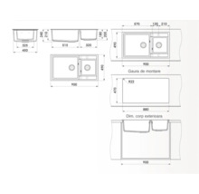 Desen tehnic al unei chiuvete cu două cuve și dimensiunile aferente