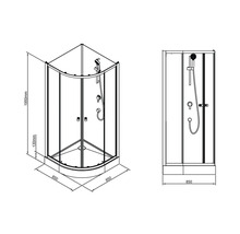 Desen tehnic al unei cabine de duș de colț cu dimensiuni