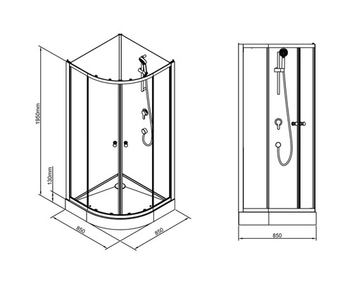 Desen tehnic al unei cabine de duș de colț cu dimensiuni