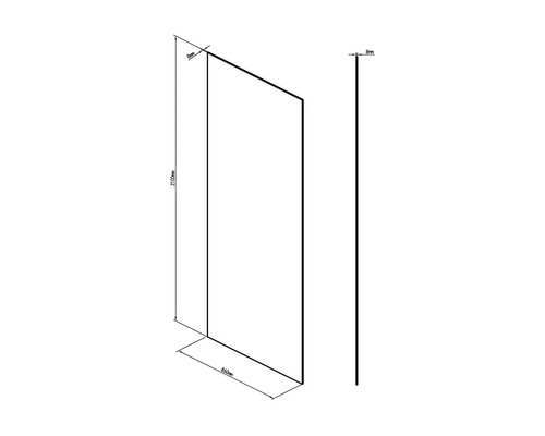 Desen tehnic al unui paravan de duș cu dimensiunile de 2100 mm înălțime, 860 mm lățime și 8 mm grosime.