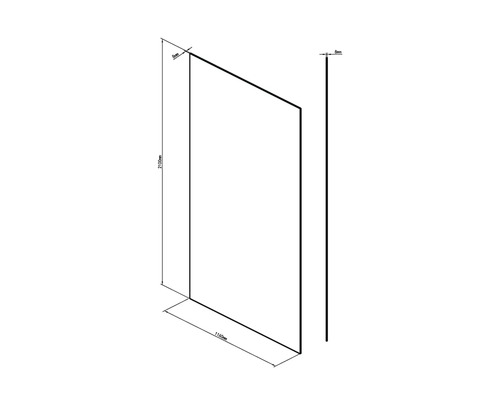 Desen tehnic al unui perete de duș cu dimensiunile 2100 mm înălțime, 1160 mm lățime și 8 mm grosime.
