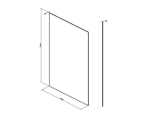 Schiță a unui perete de duș cu dimensiunile de 2100 mm înălțime, 1360 mm lungime și 8 mm grosime