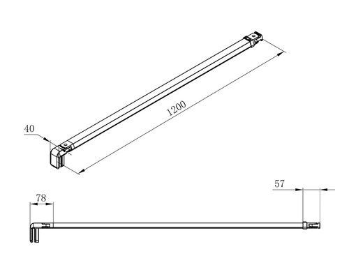 Desen tehnic al unui sistem de bare cu dimensiunile 1200, 40, 57 și 78.