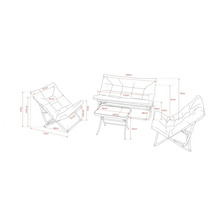 Schiță a unui set de mobilier de ședere cu canapea, două fotolii și masă, inclusiv dimensiunile