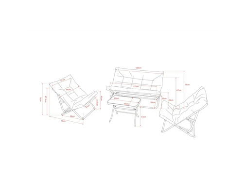 Schiță a unui set de mobilier de ședere cu canapea, două fotolii și masă, inclusiv dimensiunile