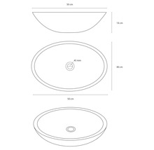 Desen al unui vas de spălare cu dimensiunile 50 cm x 38 cm x 14 cm.
