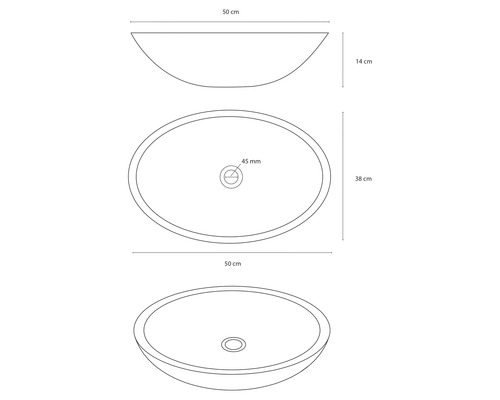 Desen al unui vas de spălare cu dimensiunile 50 cm x 38 cm x 14 cm.