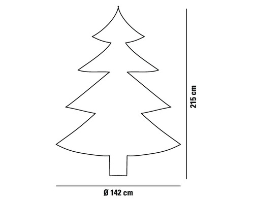 Conturul unui brad de Crăciun cu dimensiunile de 215 centimetri înălțime și 142 centimetri în diametru