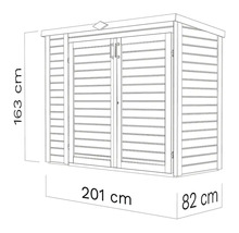 Desen tehnic al unei magazii de grădină cu dimensiunile de 163 cm înălțime, 201 cm lățime și 82 cm adâncime.