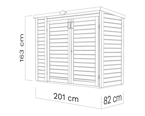 Desen tehnic al unei magazii de grădină cu dimensiunile de 163 cm înălțime, 201 cm lățime și 82 cm adâncime.