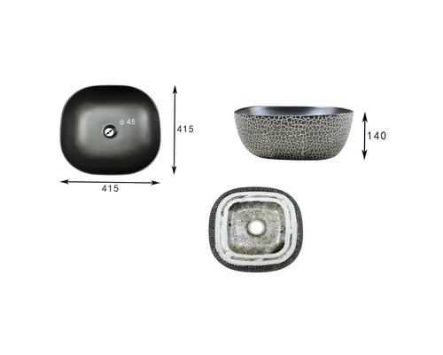 Trei vederi ale unei chiuvete de blat cu dimensiuni.