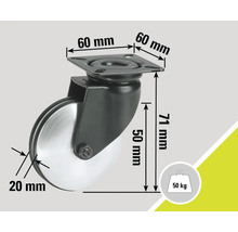 Roată pivotantă cu dimensiunile de 60 mm x 60 mm, diametrul roții de 50 mm, lățimea roții de 20 mm și capacitatea de încărcare de 50 kg