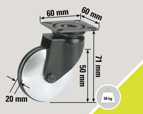 Roată pivotantă cu dimensiunile de 60 mm x 60 mm, diametrul roții de 50 mm, lățimea roții de 20 mm și capacitatea de încărcare de 50 kg