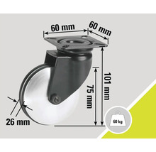 Roată pentru mobilă cu placă, dimensiuni și capacitate portantă până la 60 kg