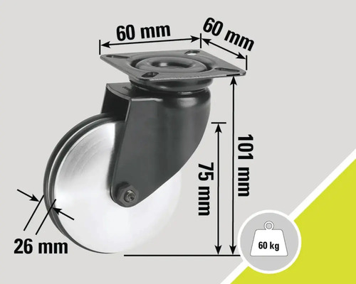 Roată pentru mobilă cu placă, dimensiuni și capacitate portantă până la 60 kg