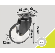 Roată pivotantă cu dimensiunile de 60 mm x 60 mm, înălțime de 85 mm și o capacitate portantă de 35 kg.