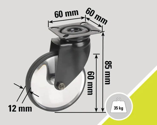 Roată pivotantă cu dimensiunile de 60 mm x 60 mm, înălțime de 85 mm și o capacitate portantă de 35 kg.
