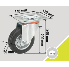 Rotiță pivotantă cu dimensiunile 140 mm pe 110 mm, o grosime a roții de 50 mm, o înălțime de construcție de 240 mm și o capacitate portantă de 210 kilograme.