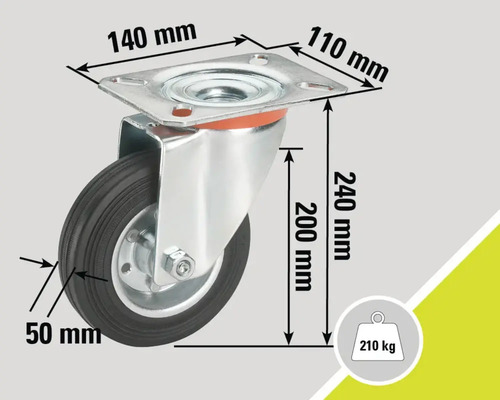 Rotiță pivotantă cu dimensiunile 140 mm pe 110 mm, o grosime a roții de 50 mm, o înălțime de construcție de 240 mm și o capacitate portantă de 210 kilograme.