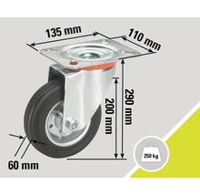 Rotiță pivotantă cu dimensiunile 135 mm pe 110 mm, diametrul roții 200 mm, lățimea roții 60 mm și capacitate portantă 250 kg