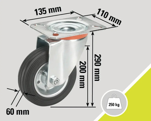 Rotiță pivotantă cu dimensiunile 135 mm pe 110 mm, diametrul roții 200 mm, lățimea roții 60 mm și capacitate portantă 250 kg