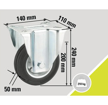 Roată pivotantă cu dimensiunile de 140 mm pe 110 mm, o înălțime a roții de 200 mm, o înălțime de construcție de 240 mm și o lățime a roții de 50 mm, cu o capacitate portantă de 210 kg