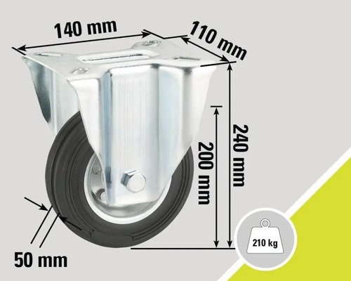 Roată pivotantă cu dimensiunile de 140 mm pe 110 mm, o înălțime a roții de 200 mm, o înălțime de construcție de 240 mm și o lățime a roții de 50 mm, cu o capacitate portantă de 210 kg