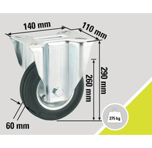 Roată pivotantă cu dimensiunile 140 mm x 110 mm, o înălțime a roții de 290 mm și o capacitate de încărcare de 275 kg