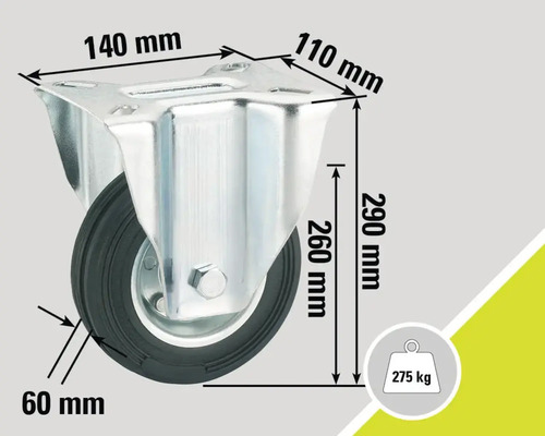 Roată pivotantă cu dimensiunile 140 mm x 110 mm, o înălțime a roții de 290 mm și o capacitate de încărcare de 275 kg