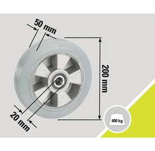 Vizualizare detaliată a rolei cu dimensiuni: diametru 200 mm, lățime cauciuc 50 mm, lățime rulment 20 mm și capacitate portantă 400 kg